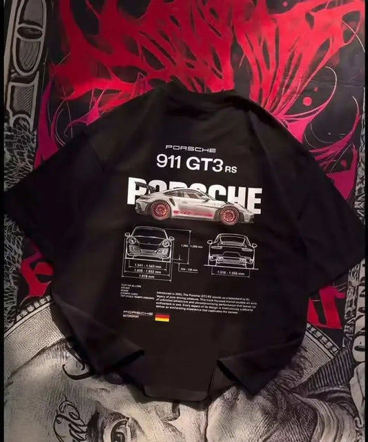 A black short-sleeve t-shirt featuring a Porsche 911 GT3 RS 