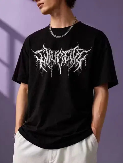 Men's Black Oversized Cotton Jersey T-Shirt featuring White Metal Logo Graphic Print