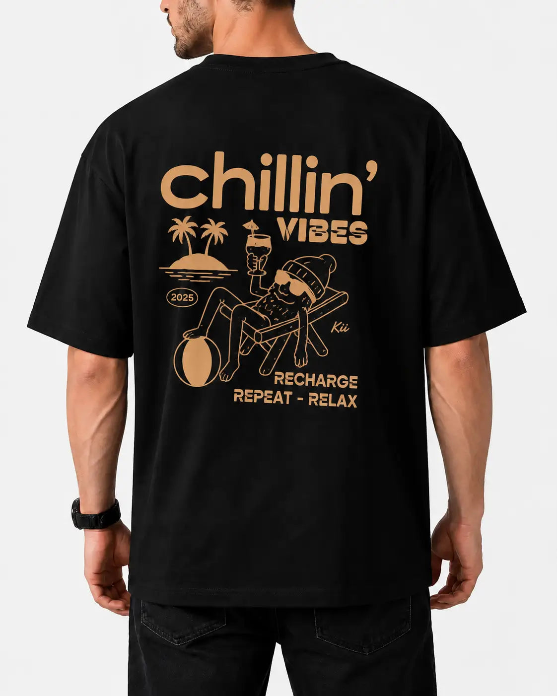 Black Blue Chillin Vibes Oversized T-Shirt Back View