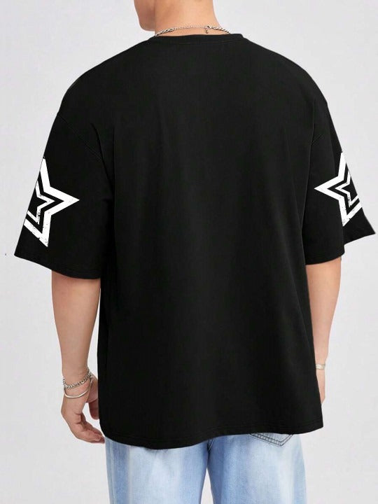 Black t-shirt with star designs on sleeves 